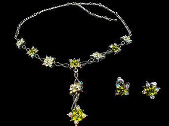 Vintage Light Green Cocktail Necklace & Stud Earring Set