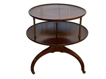 Antique Two Tier Round Side Table On Wheels