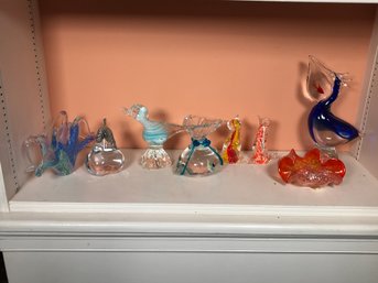 Lovely Group Of Eight (8) Pieces Vintage MURANO And Murano Type Art Glass Including Pelican, Cat, Bowl & More