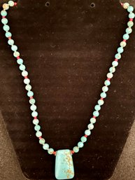 Vintage Turquoise 3/16 Bead Stone - Pendant 1.25 X 75 - Necklace - Red & Silver Beads - 21 Inches Long