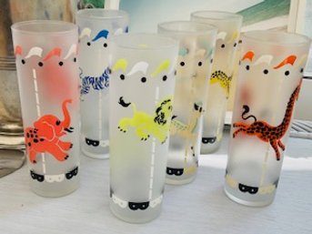 Set Of 6 Libbey Frosted Carousel Animal Cocktail Glasses