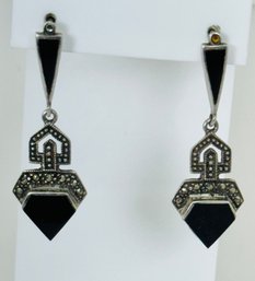 BEAUTIFUL ART DECO STYLE STERLING SILVER ONYX AND MARCASITE DANGLE EARRINGS