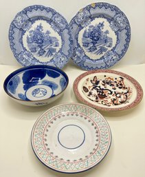 2 Vintage Spode Transferware Plates & 3 Vintage Plates & Bowls, 1 With Gold Accents