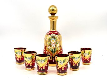 An Antique Gold Painted Venetian Glass Decanter And Cordial Set