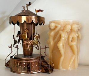 INTIRA Candle Factory Lalique 'Bacchantes' Figural Candle - NEW And A Copper Music Box In Carousel Form