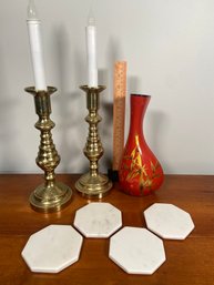 Brass Candlestick Holders, Minh Phuong Vase, 4 White Marble Octagon Shape Coasters