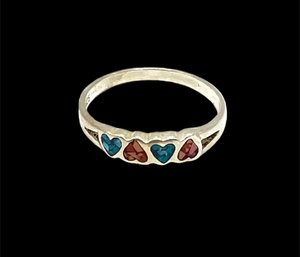 Vintage Sterling Silver Turquoise And Coral Inlay Heart Ring, Size 5.5