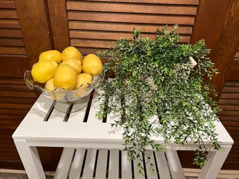 Faux Lemons In Glass Bowl & Faux Plant In Planter