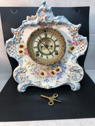 Antique Ansonia Royal Bonn LA VOGUEm1755 Porcelain Victorian Mantle Clock W/key