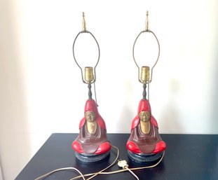Pair Of Vintage Paint Decorated Seated Figure Table Lamps