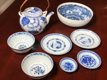 Lovely Grouping Of Canton Blue China - Tea Pot - Bowls - All Pieces Are Marked In Chinese / Character Marks