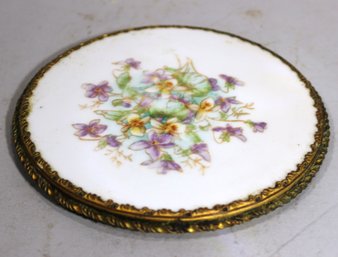 Antique Limoges Porcelain Round Tea Trivet W Ormolu Mounted Trim