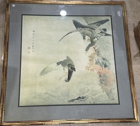 A LARGE CHINESE PRINT IN COLORS IN BAMBOO FRAME