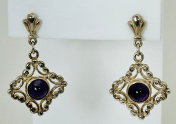 PRETTY STERLING SILVER AND AMETHYST DANGLE EARRINGS