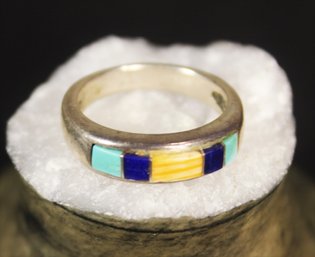 Size 5 Sterling Silver Ring Having Coral And Turquoise And Lapis