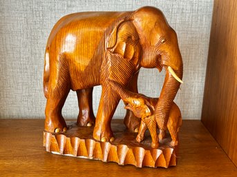 Hand Carved Wood Elephant & Baby Sculpture