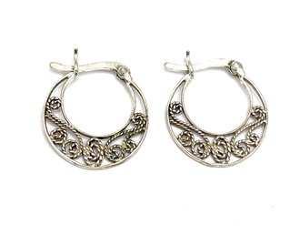 Vintage Sterling Silver Intricate Hoop Earrings