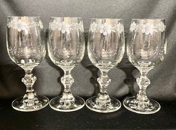 4 Floral Etched Crystal Wine Glasses