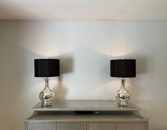 Pair Of Silver Mirror Lamps With Black Shades