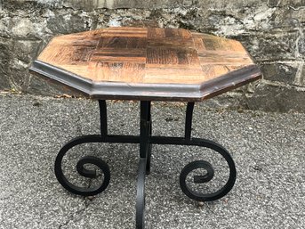 1970s Parquet Hexagonal Accent Table With Iron Legs