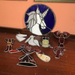 Adorable Group Of Vintage Hand Made Stained Glass Sun Catchers - Unicorns - Lobsters - Whale - Pelican & More