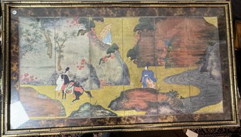 A LARGE CHINESE PRINT IN COLORS IN BAMBOO FRAME