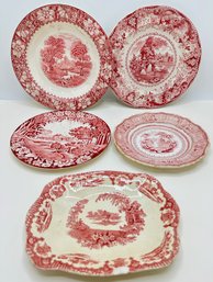 5 Vintage Cranberry Transferware Plates & Bowl By Enoch Woods Burslem, R. Hall & Others
