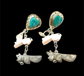 Vintage Sterling Silver Turquoise Bird And Wolf Dangle Earrings