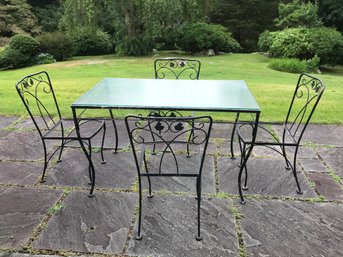 Lovey Vintage 1940s / 1950s Wrought Iron Table & Four (4) Chairs With Tempered Glass Top - Lovely Ivy Pattern