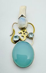 ARTISIAN TWO TONE STERLING SILVER CHALCEDONY BLUE TOPAZ AND MOONSTONE QUARTZ PENDANT