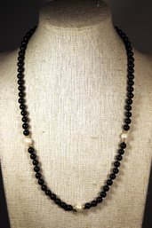 14K Gold Black Onyx And Pearl Beaded Necklace 16'