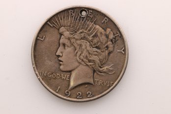 1922 Silver Peace Dollar Coin With Hole