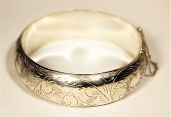 Fine Large Floral Engraved Hinged Wide Bangle Cuff Bracelet