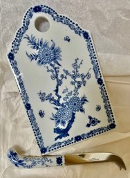 Blue & White Porcelain Cheese Board & Knife Made Expressly For Lord & Taylor