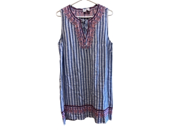 Artisanony Blue Stripe Linen Shift Dress With Embroidered Neckline - Size L