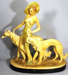 Large Art Deco Period Plaster State Of Woman With Greyhound Dogs