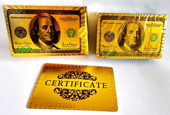 New In Box Gold Foil 100 Dollar Bill Playing Cards With Certificate Of Authenticity