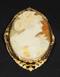 Large Antique 10K Gold Hand Carved Shell Cameo Brooch Filigree Setting