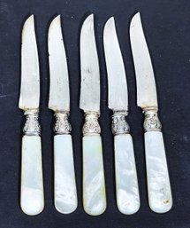 Five Victorian Sterling Silver Silver Plate Mother Of Pearl Fruit Knives