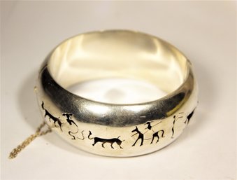 Large Wide Mexican Vintage Hinged Cuff Bracelet Having Figures With Animals