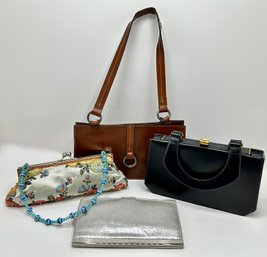 4 Bags: Dimoni Leather, Vintage Susan Gail Original, Silver Wallet & Beaded Silk Clutch