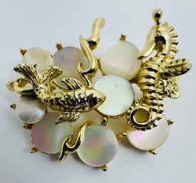 GOLD TONE MOTHER OF PEARL SEA LIFE FISH & SEAHORSE BROOCH