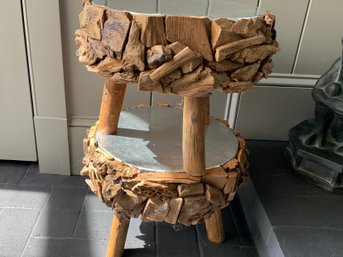 2  Three Legged Stools With Driftwood And Metal Top