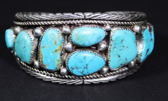 Vintage Solid Silver Native American Turquoise Large Cuff Bracelet Heavy