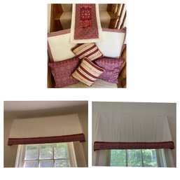 2 Red & White Window Treatment Curtain Valances With Matching Throw Pillows