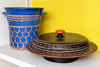 A Vintage Ceramic Vase And Moroccan Lidded Serving Tray