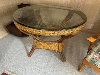 Round Glass Top Wicker Table With Bamboo Legs