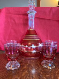 Red And Gold Decanter With Four Glasses