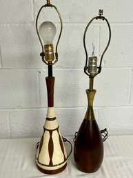 Pair Of MCM Teak Table Lamps - Teak And Ceramic And Teak And Brass