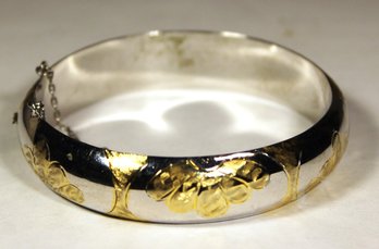 Sterling Silver Hinged Bangle Bracelet Having Gold Overlay Flowers